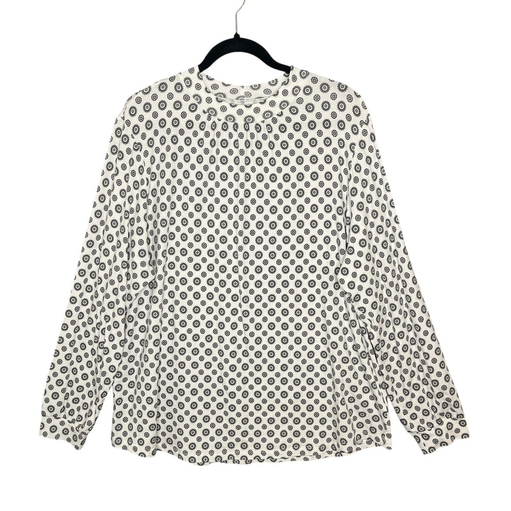 Lands End Womens 2X White Navy Medallion Top‎ Long Sleeve Modal Stretch Casual